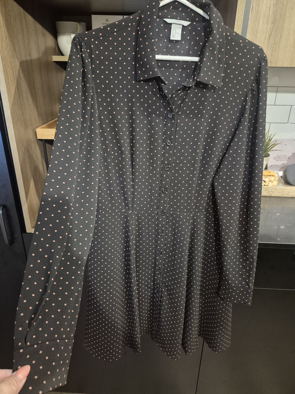H&M Black Long-Sleeve Polka Dot Button-Front Dress with Pink Dots